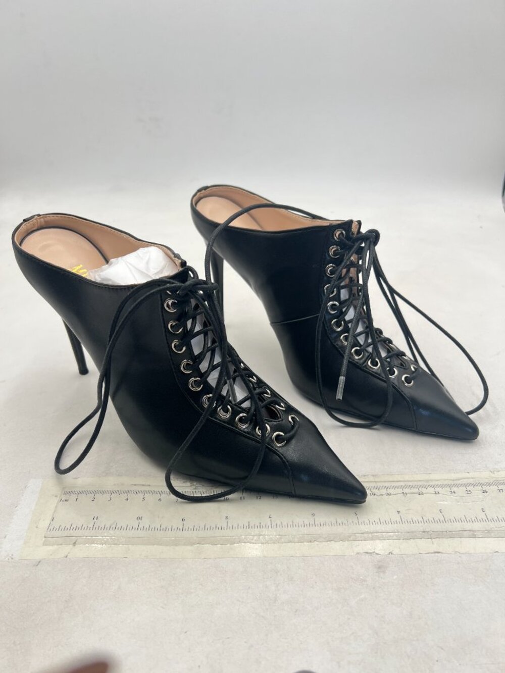 miss left Black Stiletto Heel Pointy Toe Mule Slip On Lace Up Slide Sandal - Picture 4 of 8